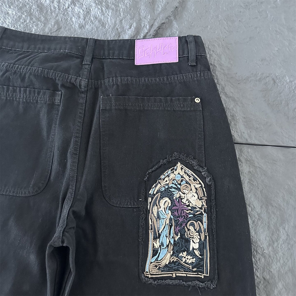 derschutze American street style embroidered jeans, unisex trendy loose straight leg casual versatile trousers