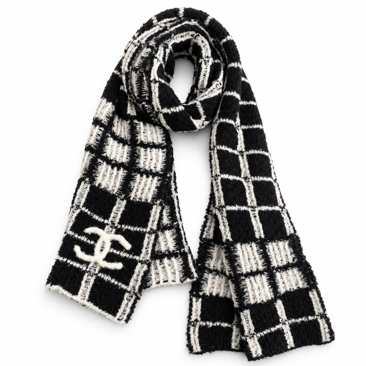Chanel Style Fuzzy Windowpane Plaid Scarf