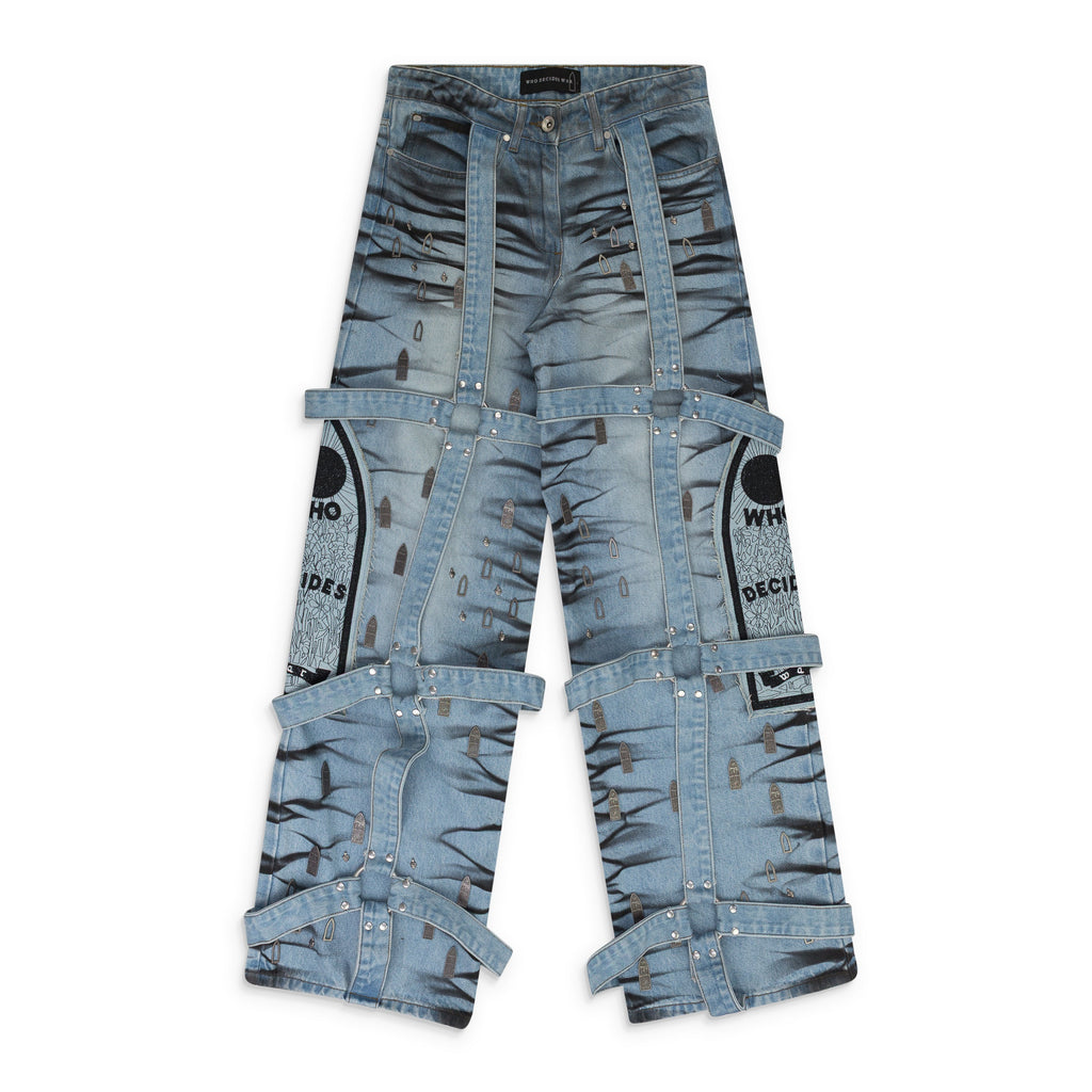 BLUE STRIPE BONDAGE WIDE-LEG JEANS