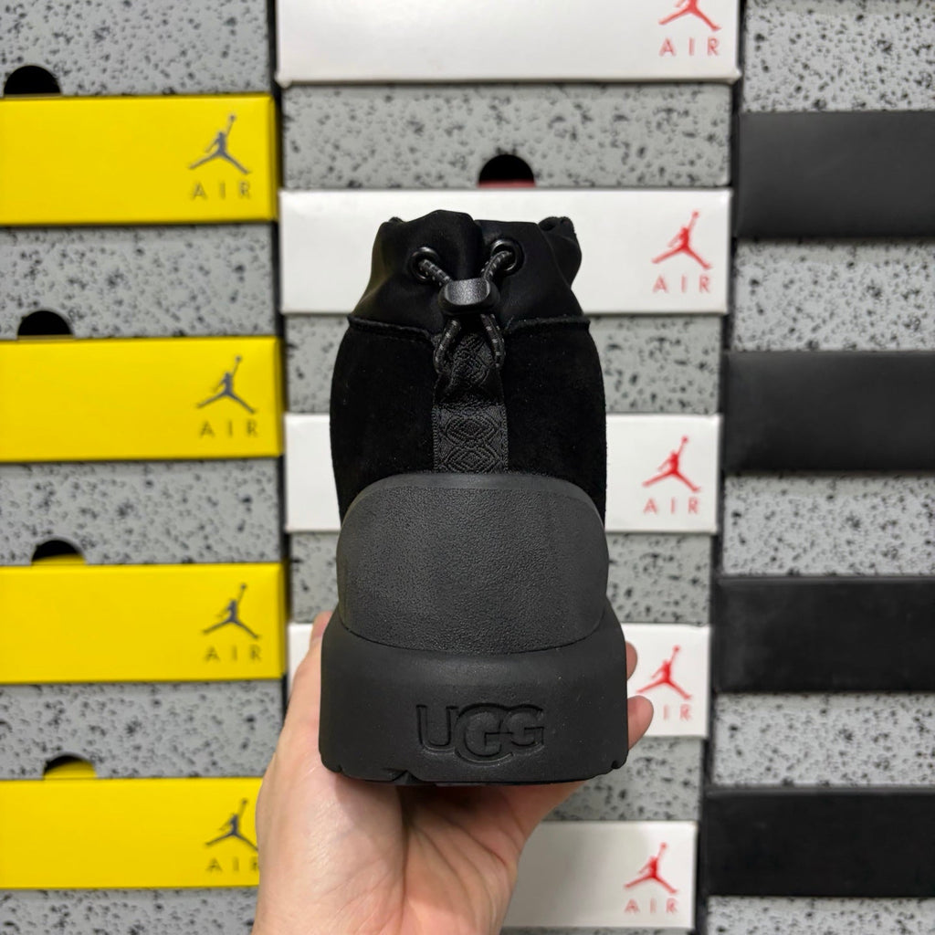 UGG Lace-Up Hiker Boot – Suede & Nylon Boot with Neon Yellow Toggle, Charcoal Midsole & Black Lug Sole