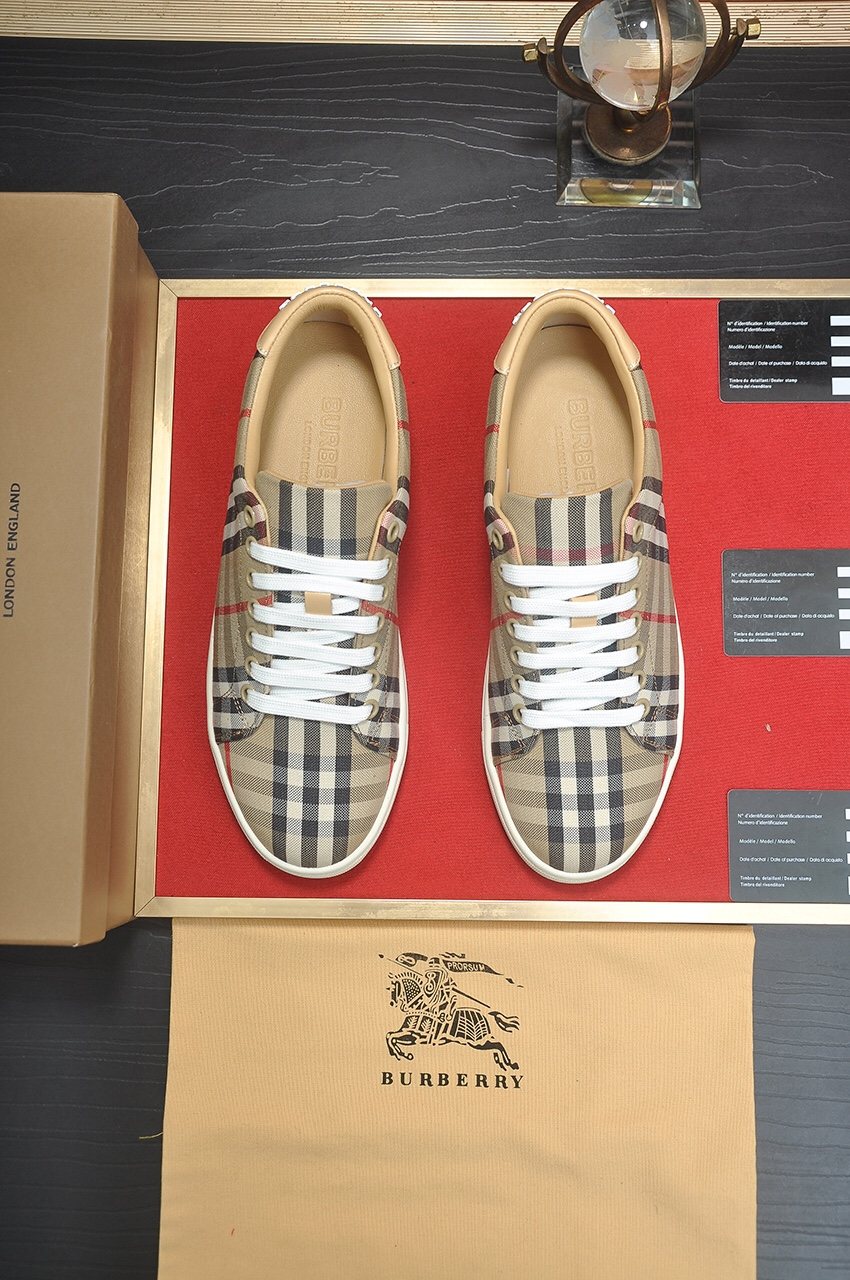 Burberry Beige Check Low-Top Sneakers - White Laces And White Rubber Sole