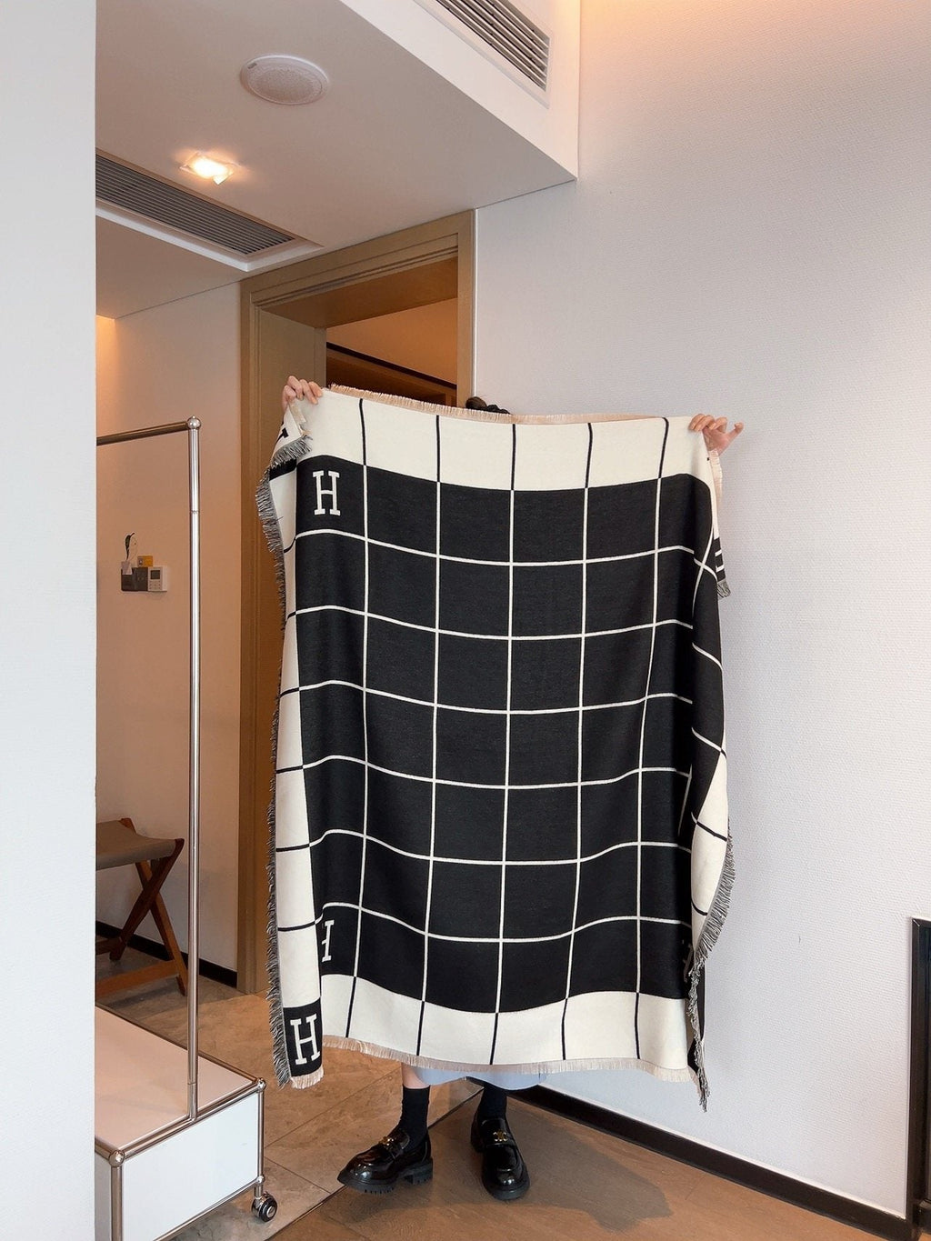 Hermès Black & Cream Grid Square Scarf