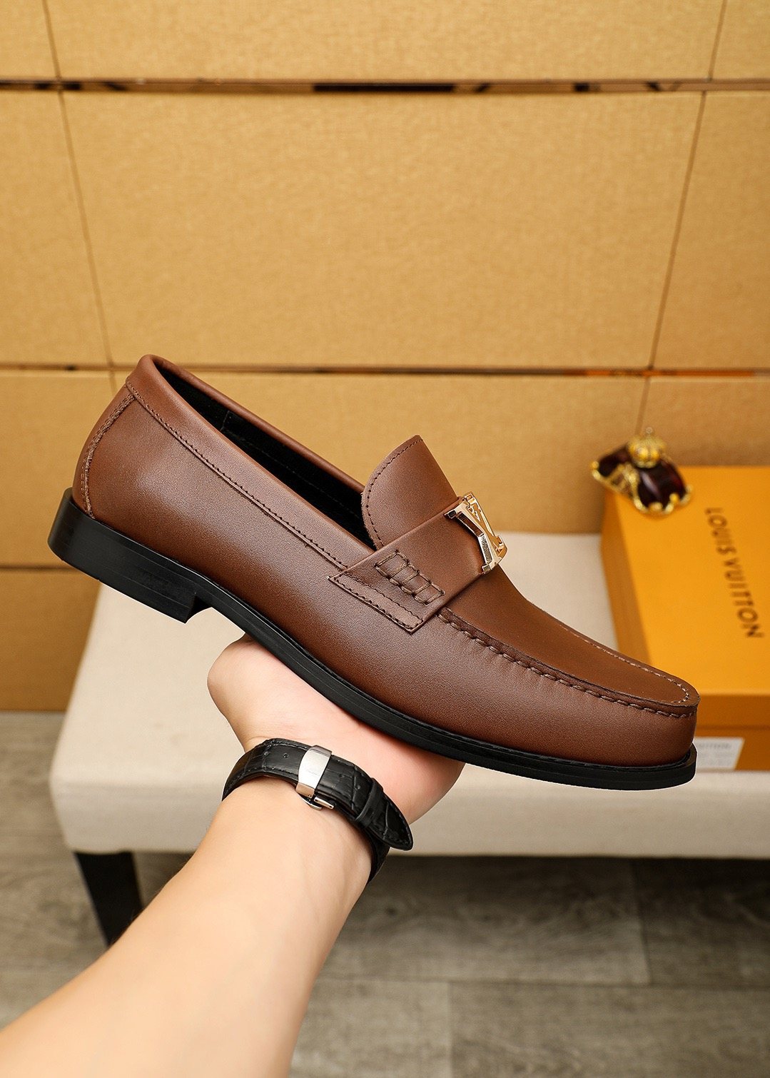 LOUIS VUITTON Brown Metal Hardware Loafers