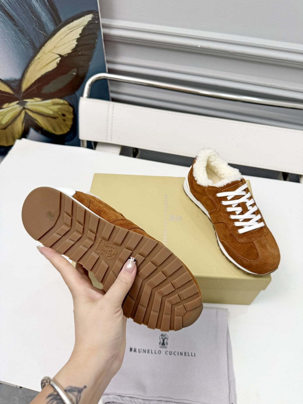 Brunello Cucinelli Brown Shearling-Trim Sneakers