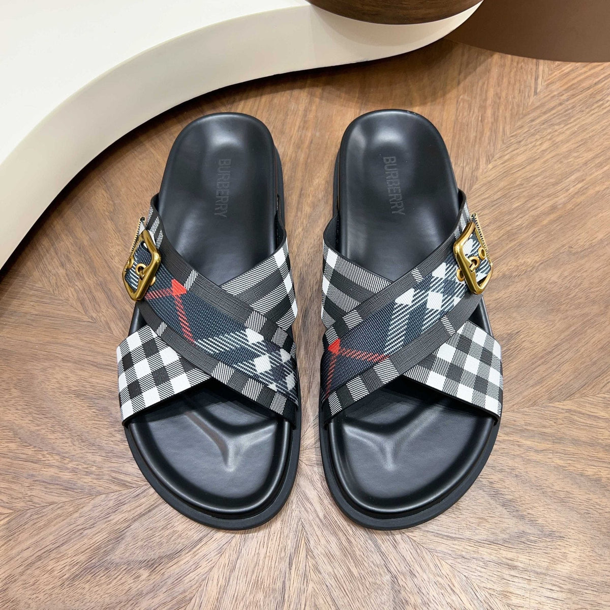 Burberry Checked Cross-Strap Slide Sandals