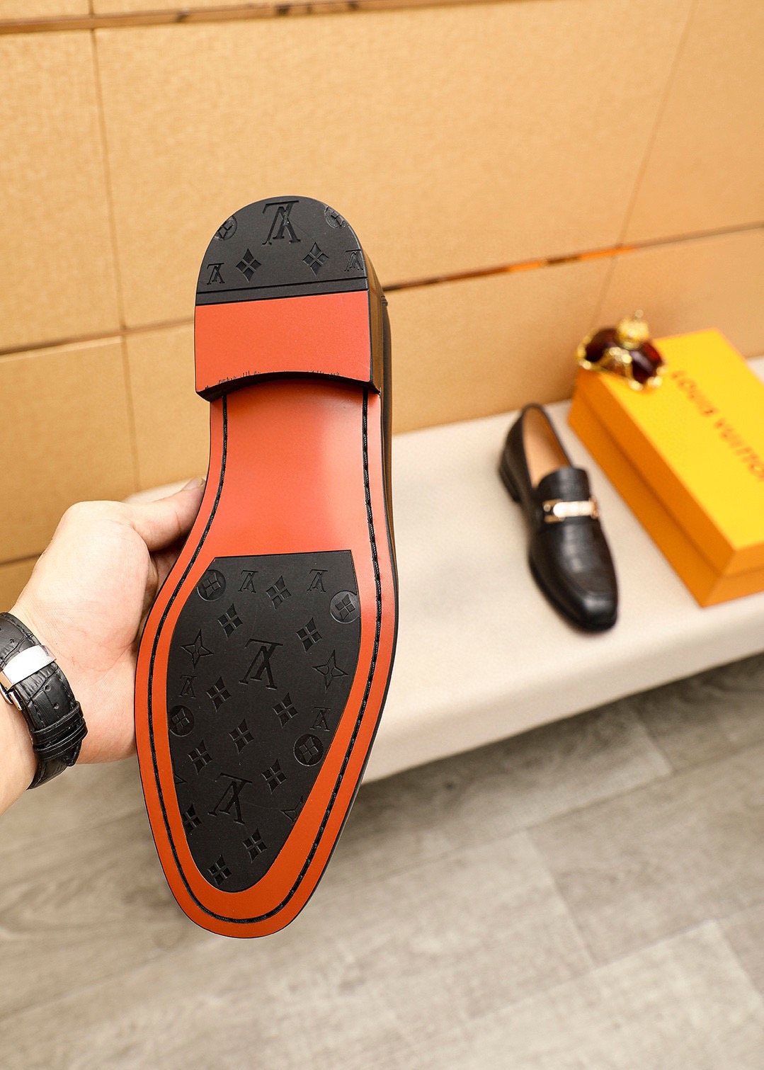 Louis Vuitton Black Embossed Loafers - Metal Bar Vamp Detail