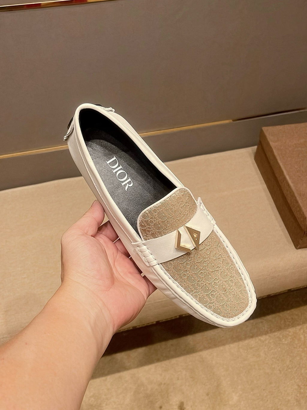 Dior Men's Ivory and Beige Patterned Loafers
