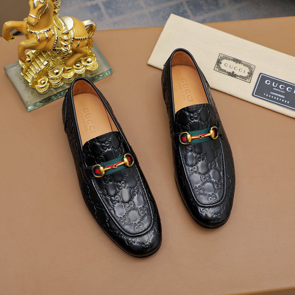Gucci Patterned Metal-Bit Loafers