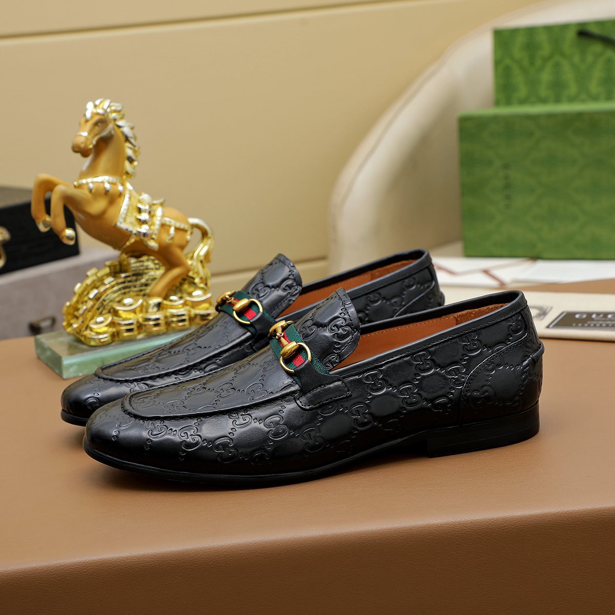 Gucci Patterned Metal-Bit Loafers